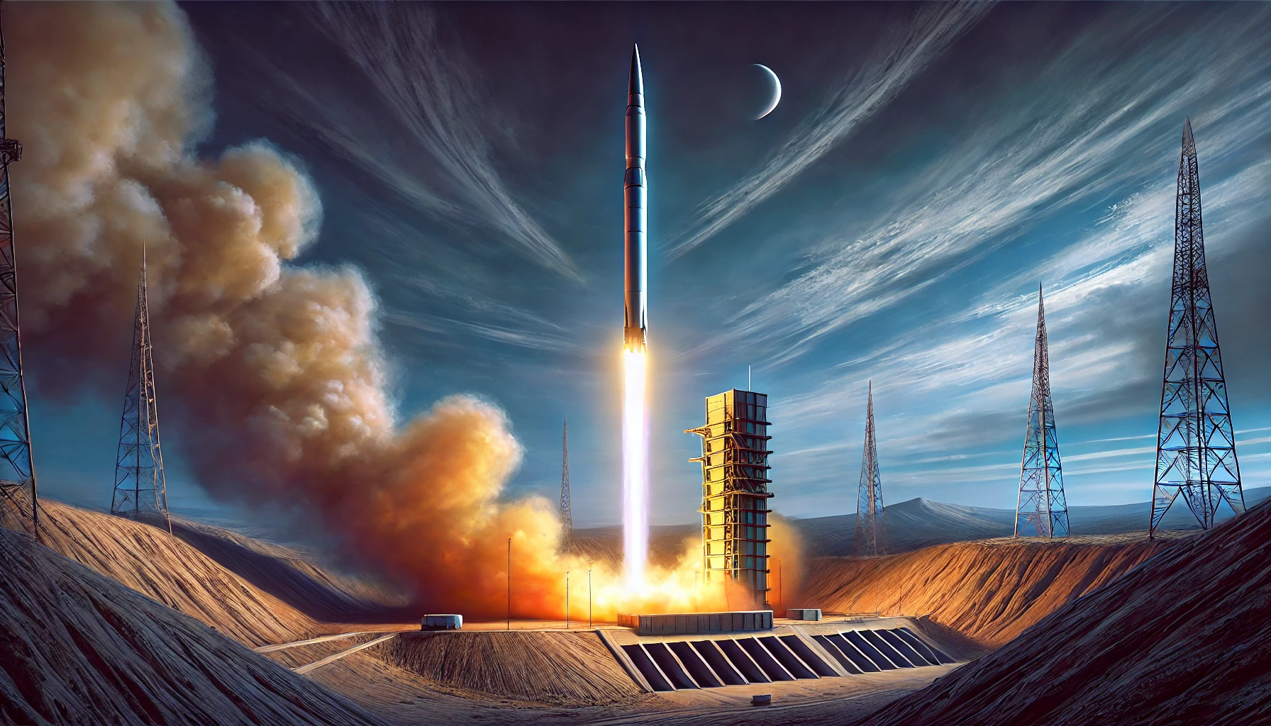 Ilustración realista y detallada de un misil balístico intercontinental (ICBM) siendo lanzado desde un silo subterráneo en un paisaje desértico.